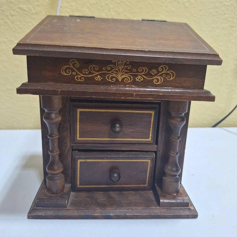 Vintage c.1970s Wooden Musical Jewelry Box Wind-Up Music Box 2 Drawers As-Is
